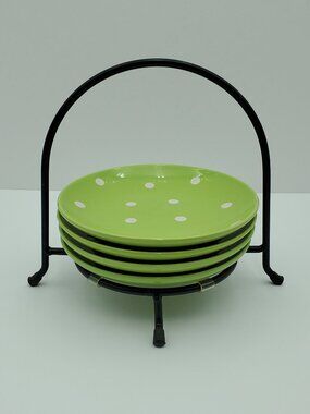 Signature Housewares Polka Dot Green Appetizer Snack Dessert Plates Metal Caddy